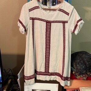 Moon River Cream with Red Trim Linen Rayon Blend Mini Dress